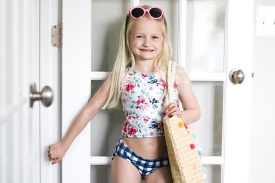 Floral and navy gingham swim set