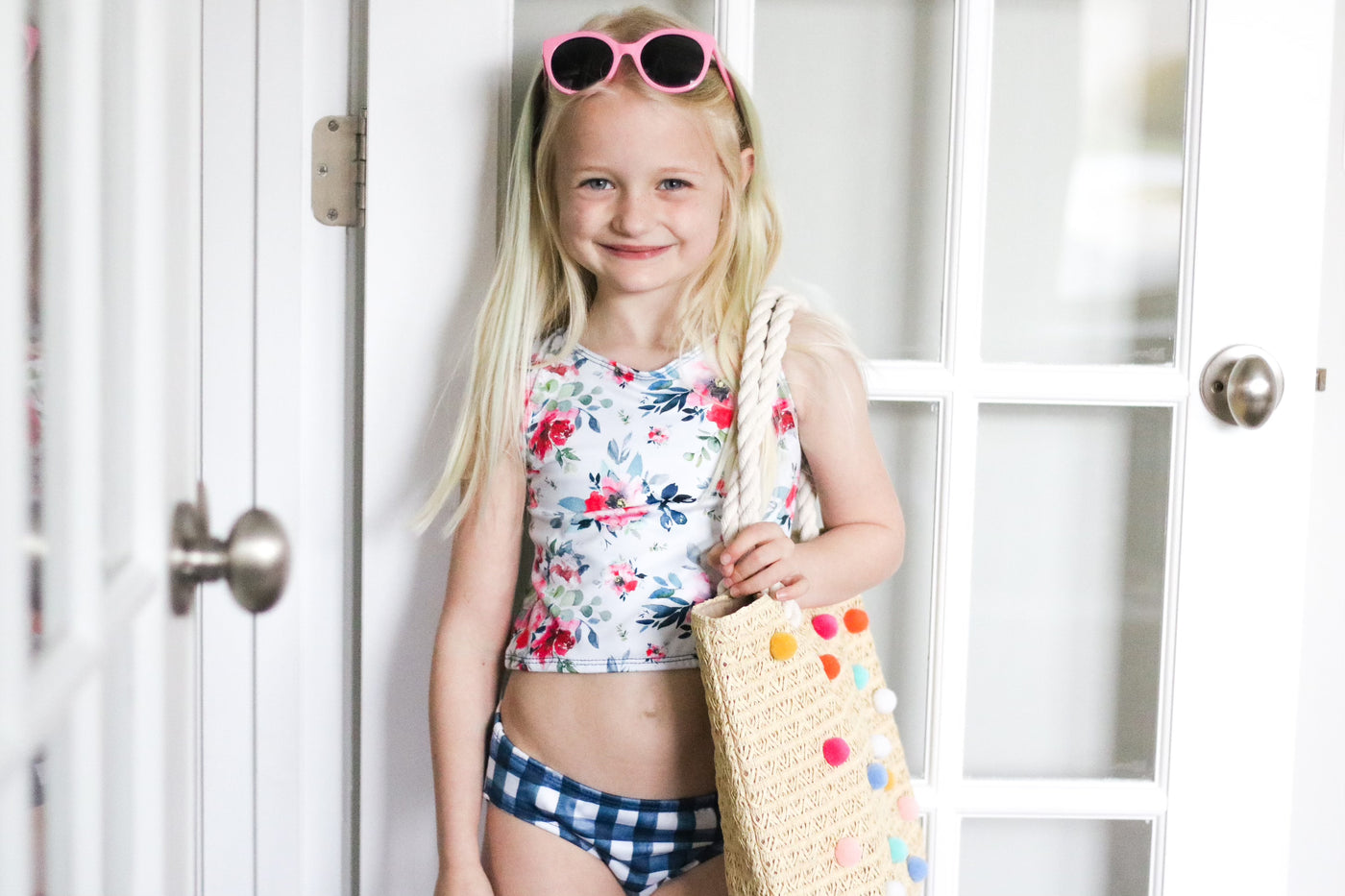 Floral and navy gingham swim set
